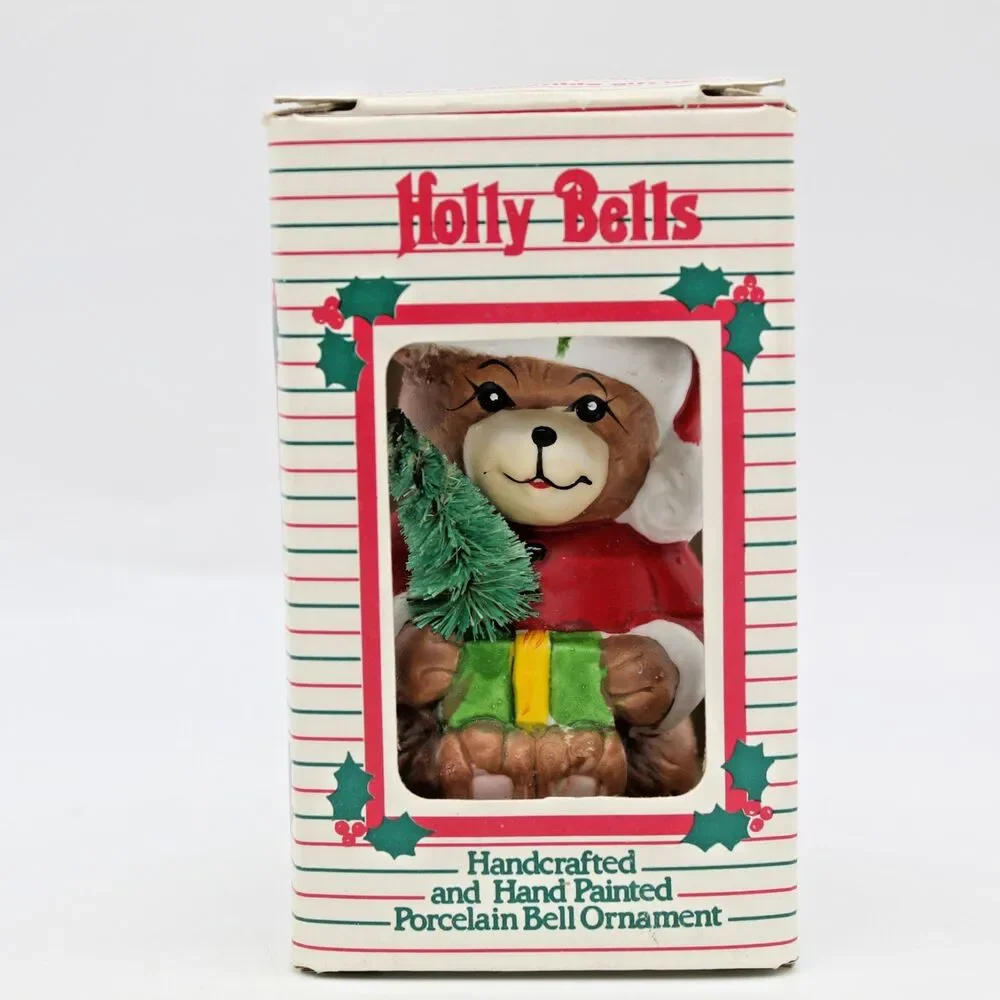 Holly Bells Porcelain Teddy Bear Bell Ornament Vintage 1986 Original Box b